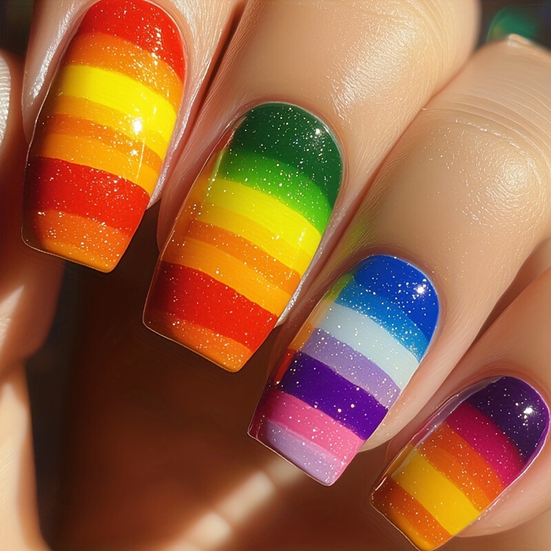 Holiday Elements Press on Nails with Rainbow Color and Glitter Design Reusable Manicure for Women