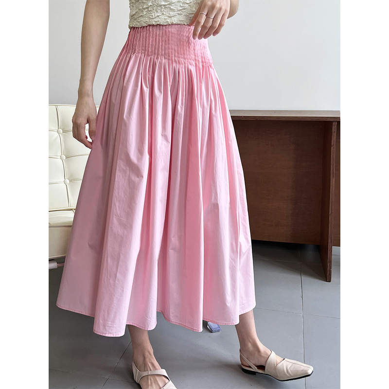 Luxi Pink High Waist Elegant Design Pleated Large Swing A- line Skirt Mid-length Sweet Umbrella Skirt for Women 1626