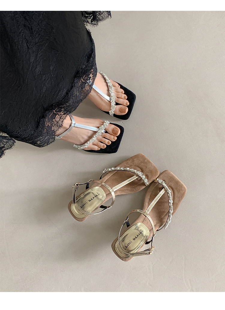 Sandal cao gót nữ mũi vuông hở ngón, quai ngang đính đá, gót dị hình — màu vàng, bạc chi tiết 23