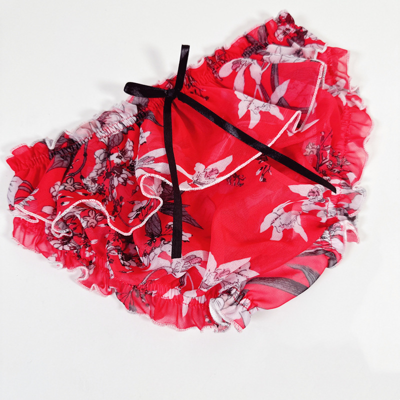 Men's wearable silk flower beautiful men's hip ruffle skirt edge couple mutual wear men's and women's micro transparent chiffon underwear