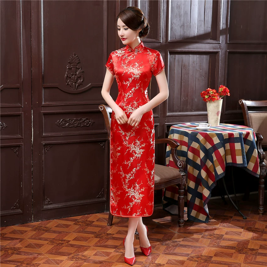 Dress, retro suit, long cheongsam, oolong tea Da Hong Pao, wholesale, Chinese style, with short sleeve, city style