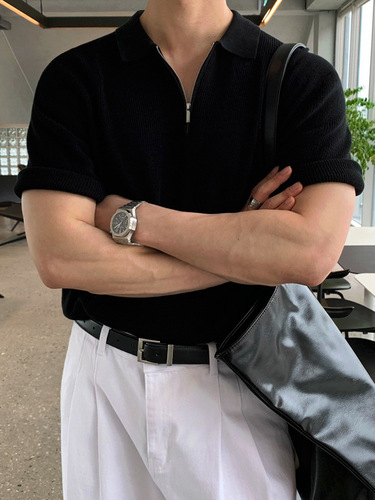 Simple casual knitted short-sleeved T-shirt for men in summer thin loose lapel top Korean style old money style outfit