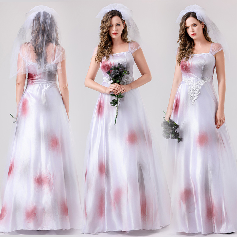 Ghost Bride Costume Adult Female Halloween Fancy Dress Party Dress Foreign Trade Source Bloodlike Wedding Dress Cos