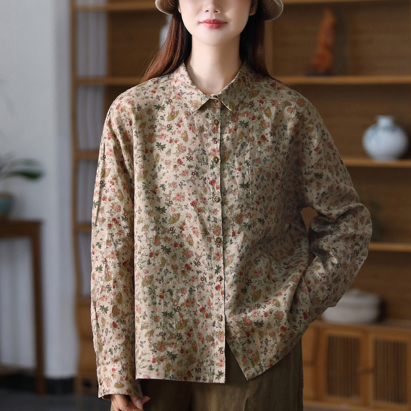 2022 Spring New Large Size Floral Long Sleeve Shirt Women's Shirt Linen Top
