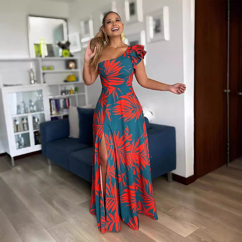 10527 European and American Cross-border Women's Half-shoulder Banquet Evening Dress dress Sexy High Split Elegant Women's Long Dress