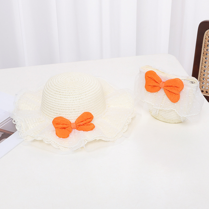 Mesh bow straw hat-milk white
