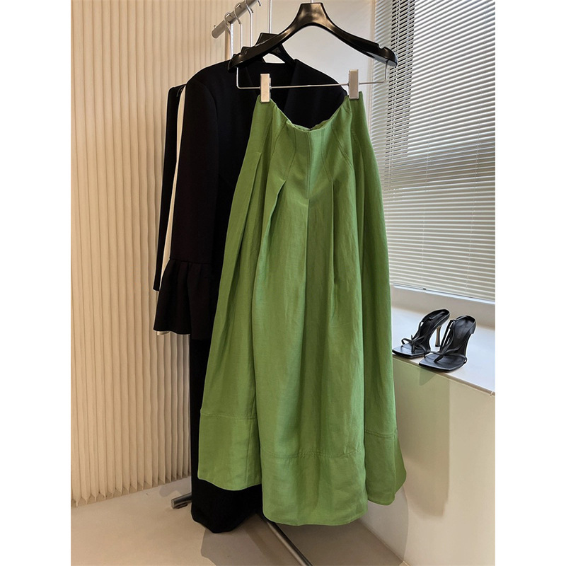 In-Stock Factory Direct Wholesale New Stylish Elegant Green Linen Long Double-Layer High-Waisted Green Skirt for Women