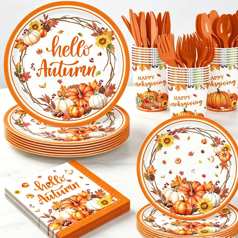 New Autumn Pumpkin-Themed Party Tableware, Party Decorations, Disposable Paper Plates, Tablecloths, Flags, Cutlery, Forks, and Spoons New Autumn Pumpkin-Themed Party Tableware, Party Decorations, Disposable Paper Plates, Tablecloths, Flags, Cutlery, Forks, and Spoons