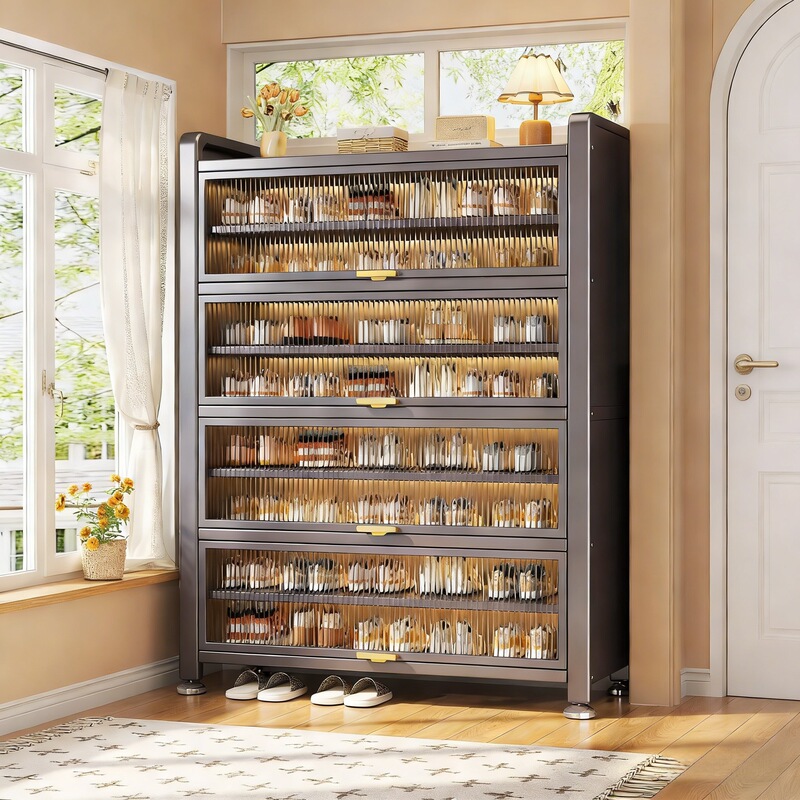 Steel Shoe Cabinet for Home Entrance, Dust-Proof Multi-Layer Large-Capacity Storage Cabinet with Flip-Up Door, Multi-Layer Shoe Rack
