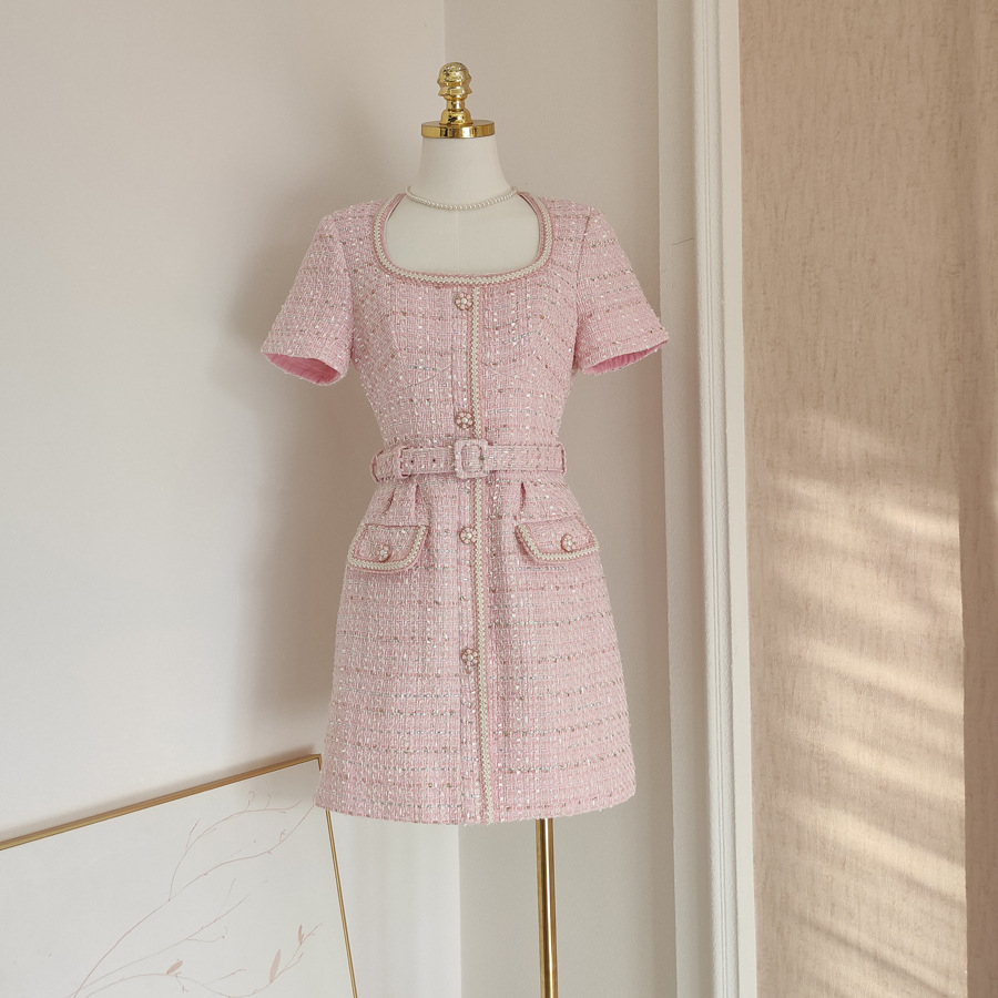 富家千金法式小众短袖连衣裙女夏收腰显瘦气质裙子粗花呢显高