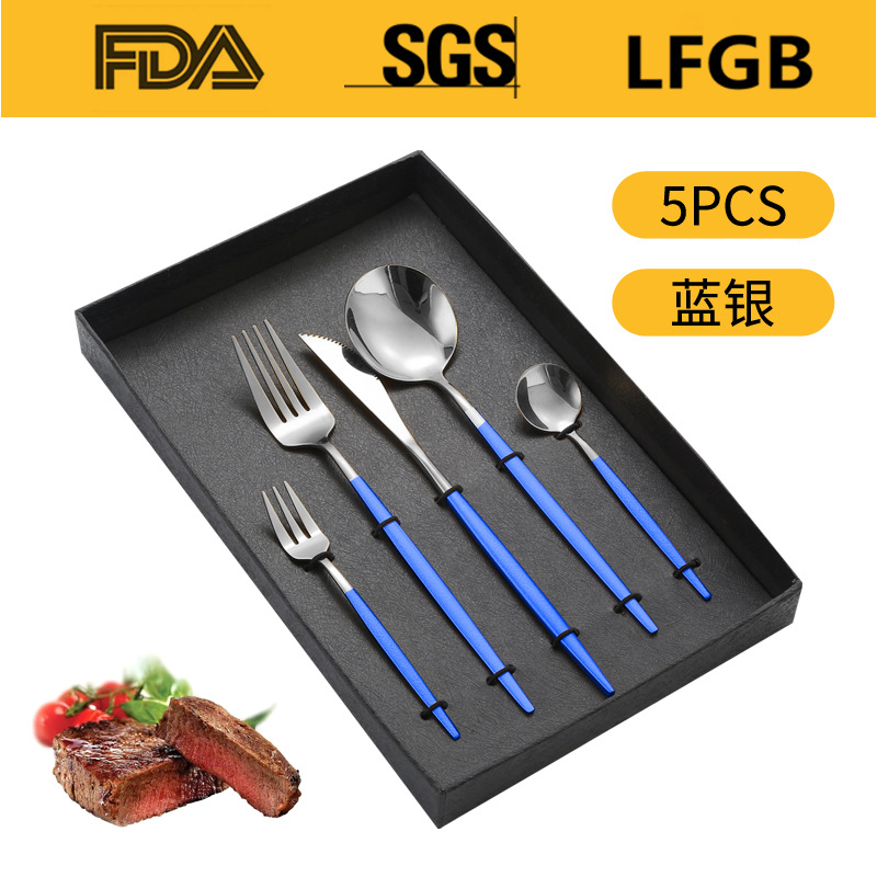 Portugal cuatro piezas principales caja de regalo comida occidental cuchillo, tenedor y cuchara traje Amazon vajilla de acero inoxidable 4/5 piezas traje