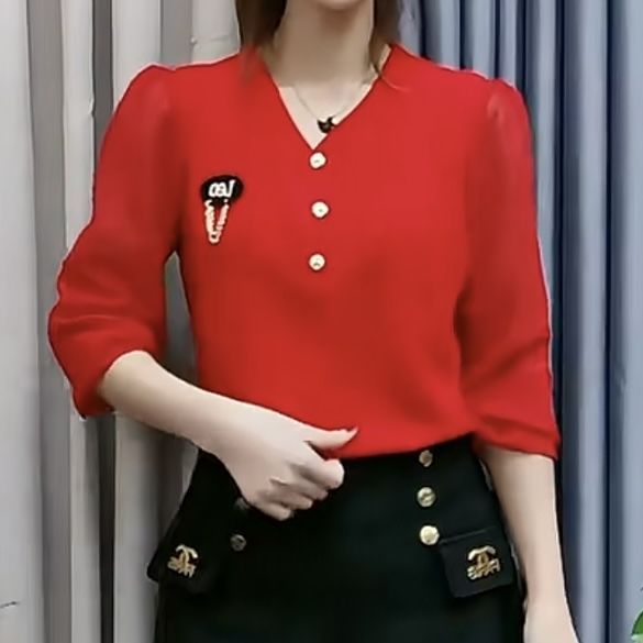 2025 春夏新作無地長袖シャツ女性のための韓国スタイルルーズ痩身 V ネック高弾性軽量ニットボトムシャツ|undefined