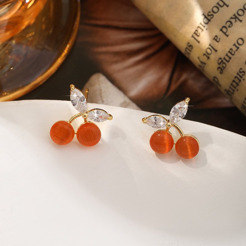 Daily Occasion 1 Pair Sweet Cherry Cat's Eye Stone Copper Zircon Ear Studs
