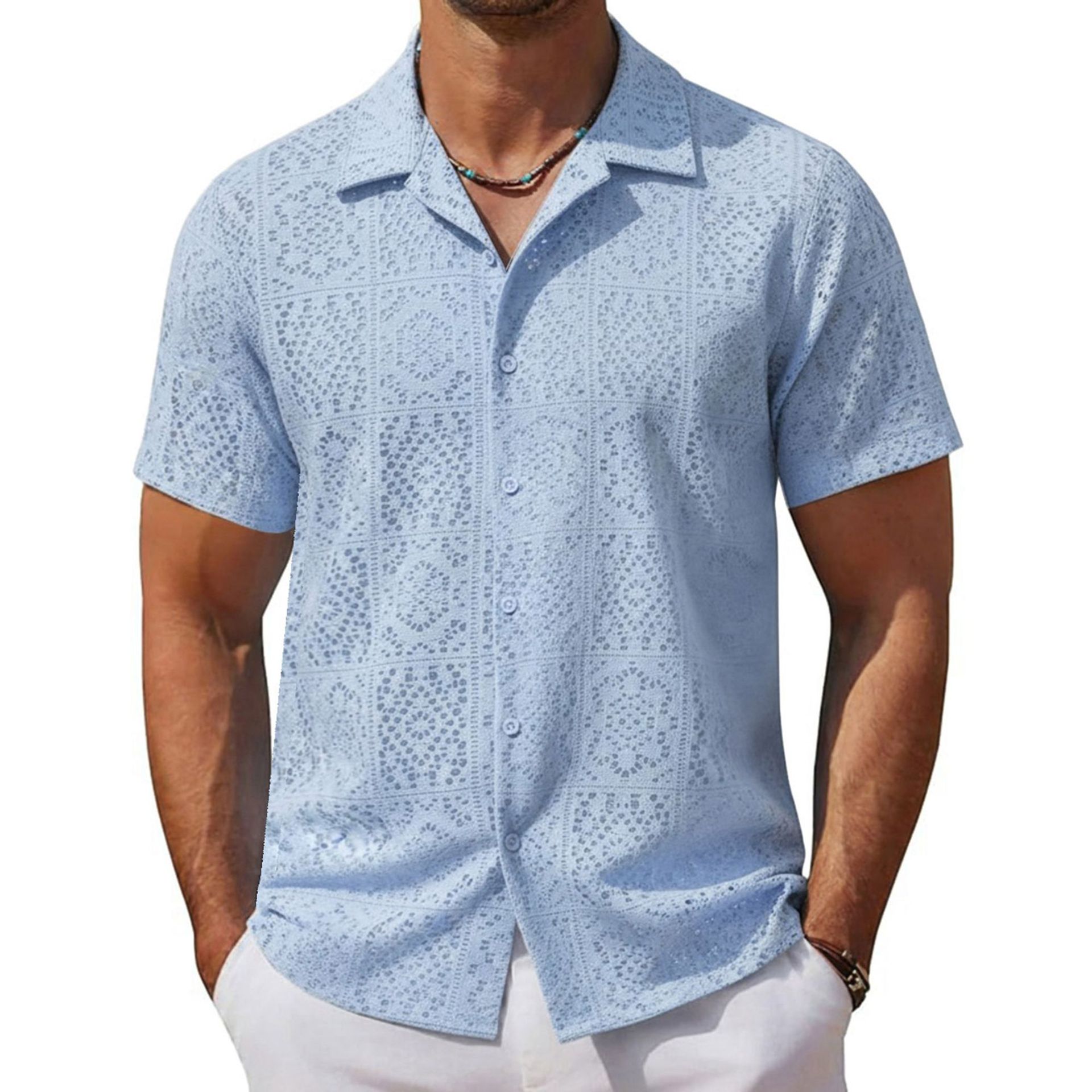 Ropa de hombre para comercio exterior transfronterizo, camisa casual europea y americana con aberturas, camisa de verano nueva con encaje y manga corta para hombre A0307