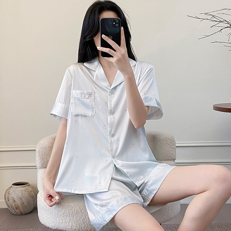 아이스 실크 잠옷 여성 여름 반팔 실크 얇은 귀여운 만화 달콤한 투피스 하이 엔드 홈 옷