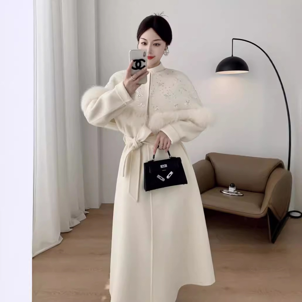 프랑스 딸 향기로운 스타일 폭스 모피 목도리 양면 양면 양모 코트 여성의 긴 우아한 연예인 코트