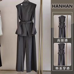 秋季气质三件套轻奢灰色不规则又飒系带马甲搭配套装长裤裤女
