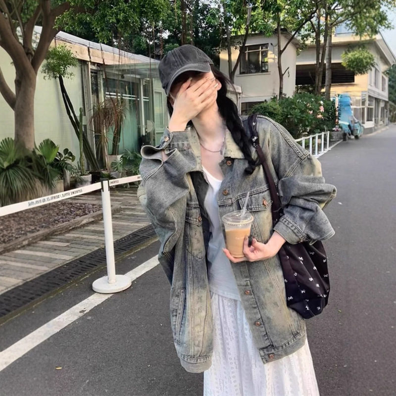 High Street American Retro Street Distressed Denim Work Jacket Women's Sweet and Spicy Jacket Loose Slimming Look Top Spring & Fall