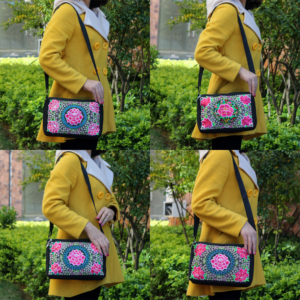 Bolso bandolera bordado de lona de estilo étnico Bolso bandolera bordado Hanfu retro Teléfono móvil Monedero Purse