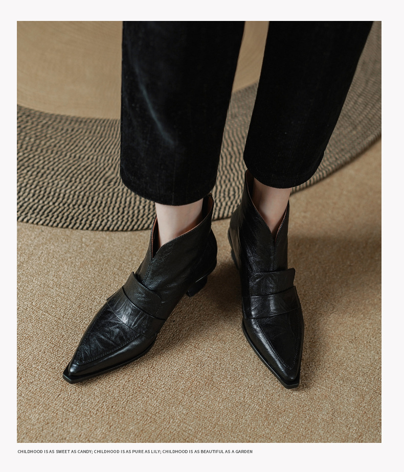Retro Women's Ankle Boots Pointed Toe Low Heel Back Zipper Slimming Winter Style Unique Cowboy Boots_vogvips.com
