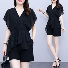 高端精致气质套装女夏季韩版修身显瘦雪纺上衣女短裤大码两件套女