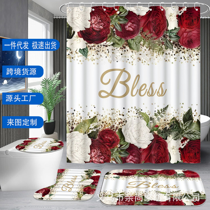 4-Piece Bathroom Set Complete Set Rose Blessing Bathroom Printed Pattern Home Decor Elegant Modern Design