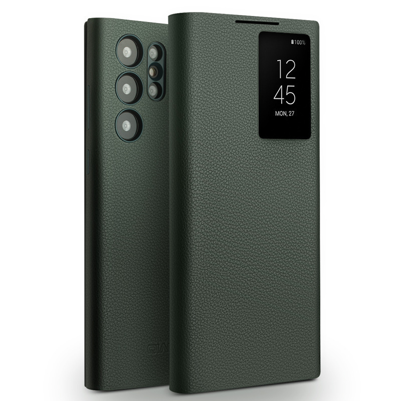 Qiali for Samsung S23 Ultra Phone Case Genuine Leather Plus Smart Protective Case Sleeping Flip Anti-drop Cover