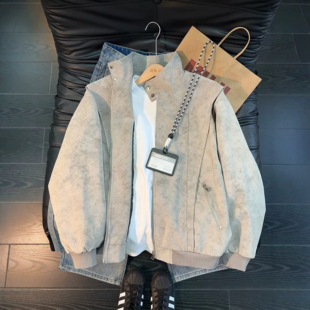 美式扎染pu皮衣夹克男款春季痞帅风高级感立领外套cleanfit机车服