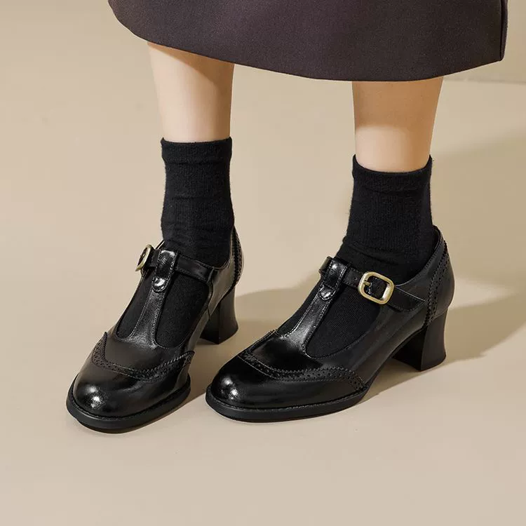 Одиночная обувь женские туфли на высоком каблуке толстый каблук Мэри Джейн обувь Т-образный ремень 2025 новый весенний и осенний французский ретро Буллок