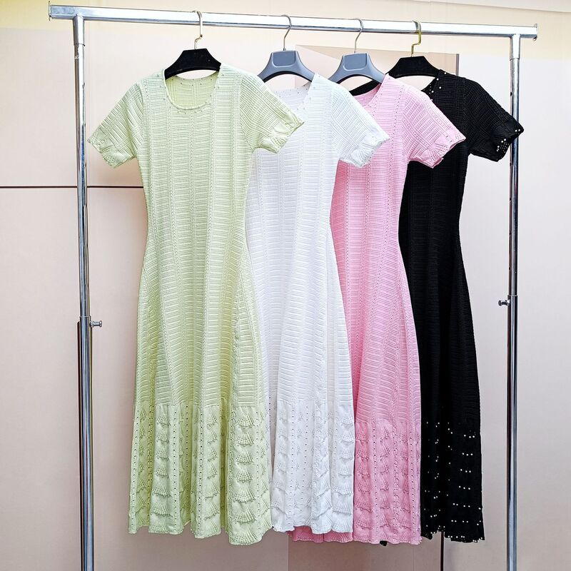 Cross-Border Independent Station Women's New Short-Sleeved Knitted Skirt Summer Hollow Slimming Long Skirt Hand-Beaded Dress