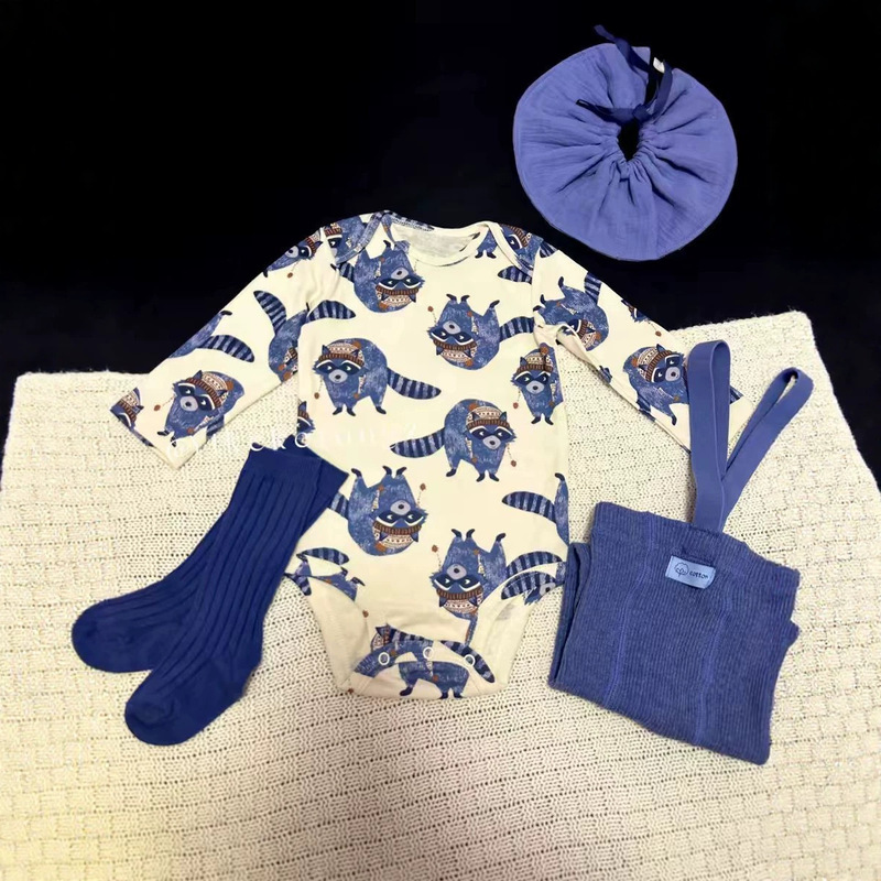 Raccoon pattern baby jumpsuit, seamless cartoon print, long-sleeved infant romper for all seasons, pure cotton, trendy