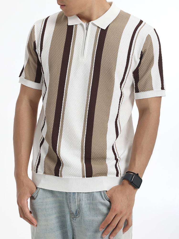 Europa y Estados Unidos transfronterizos hombres rayas hielo tejido polo medio cremallera solapa manga corta ligera camiseta casual de negocios madura