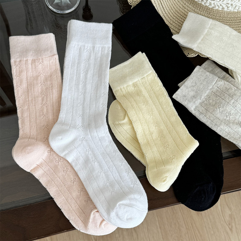 襪子miu風中筒襪女士堆堆襪暗紋蝴蝶結夏季薄款透氣可愛甜美襪