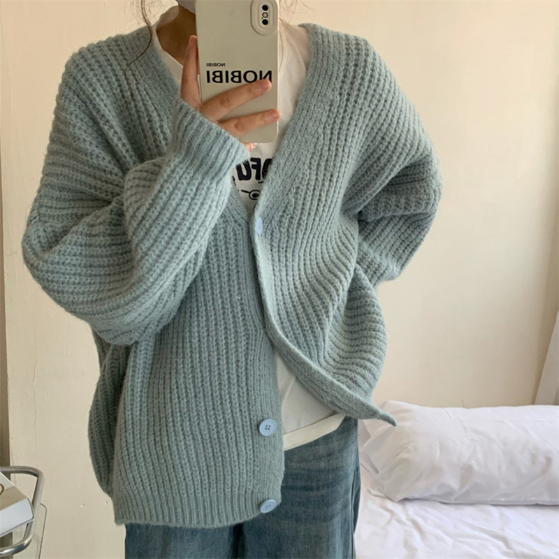 (2개) 부드러운 우유 파란색 두꺼운 중간 길이 니트 가디건 여성 신작 가을, 겨울 느슨한 게으른 V 넥 두꺼운 니트 스웨터 재킷