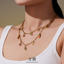 方糖 水果系列镶锆石多吊坠欧美项链手链脚链 不锈钢ins首饰套装