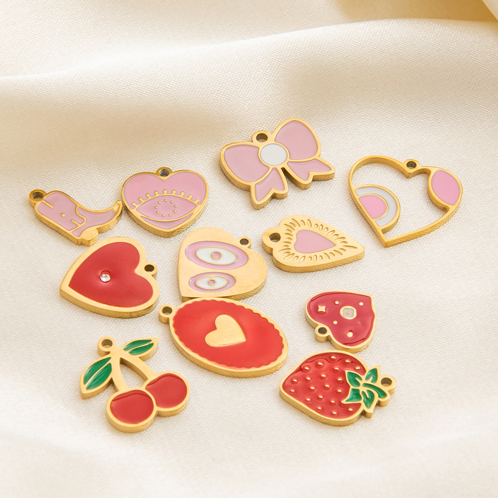 DIY Jewelry Accessories Classification 1 Piece 10.9mm 17.5mm 304 Stainless Steel PVD Coated Real Gold Plated Cherry Heart Shape Bow Knot Pendant DIY Jewelry Accessories