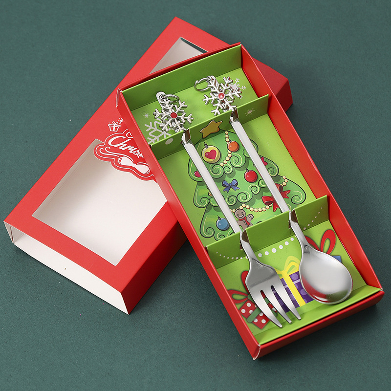クリスマススプーンとフォーク 2 ピースステンレス鋼食器クリエイティブクリスマスペンダントデザートコーヒースプーンホリデーギフトフルーツフォーク|undefined