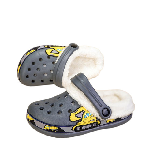 Fujian children's velvet hole shoes autumn and winter boys and girls EVA cotton slippers dinosaur excavator available