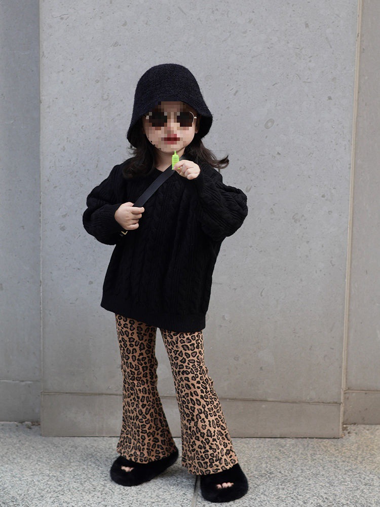 韩版童装女童网红炸街套装秋冬装洋气女宝宝洋气豹纹针织毛衣裤子