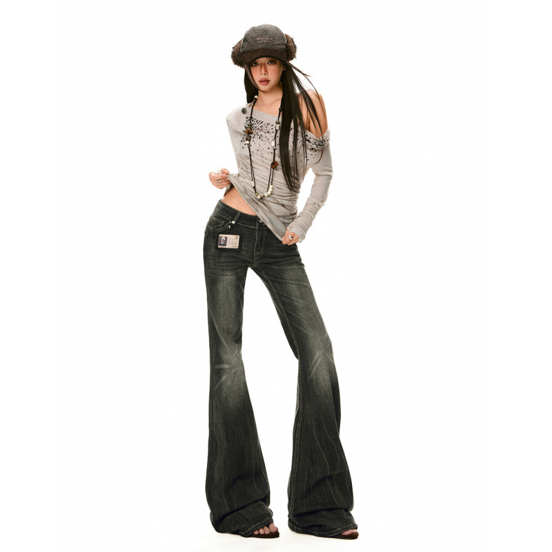 26Th Ootd!｜American Retro Flared Jeans for Autumn and Winter, Slim Fit, Low Waist, Washed, Versatile Black and Gray Pants