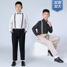 儿童礼服2023秋季新款胖版长袖条纹背带裤套装男童加肥合唱表演服