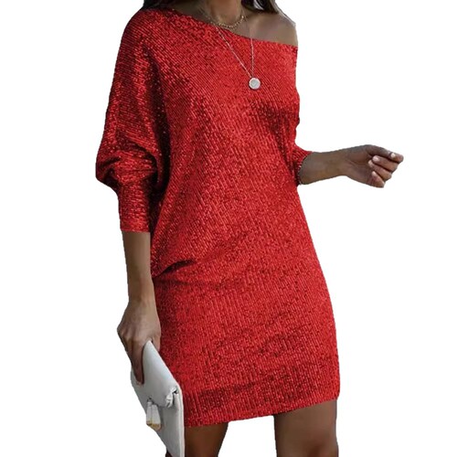 2025 Spring New Model Cross-border Foreign Trade Women's Simple Fashion V-neck Middle Skirt Oblique Shoulder Beaded Dress Gown