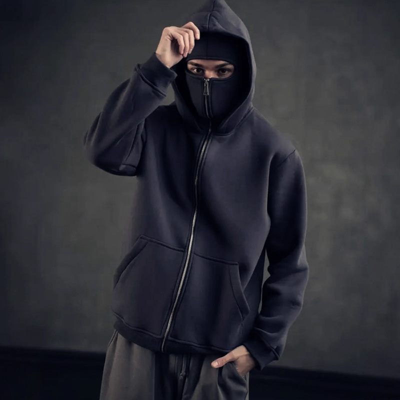 Amazon Foreign Trade Masked Double-Cap Zipper Hooded Sweatshirt Men's Fleece Style Cool Style Loose Zipper Sweatshirt