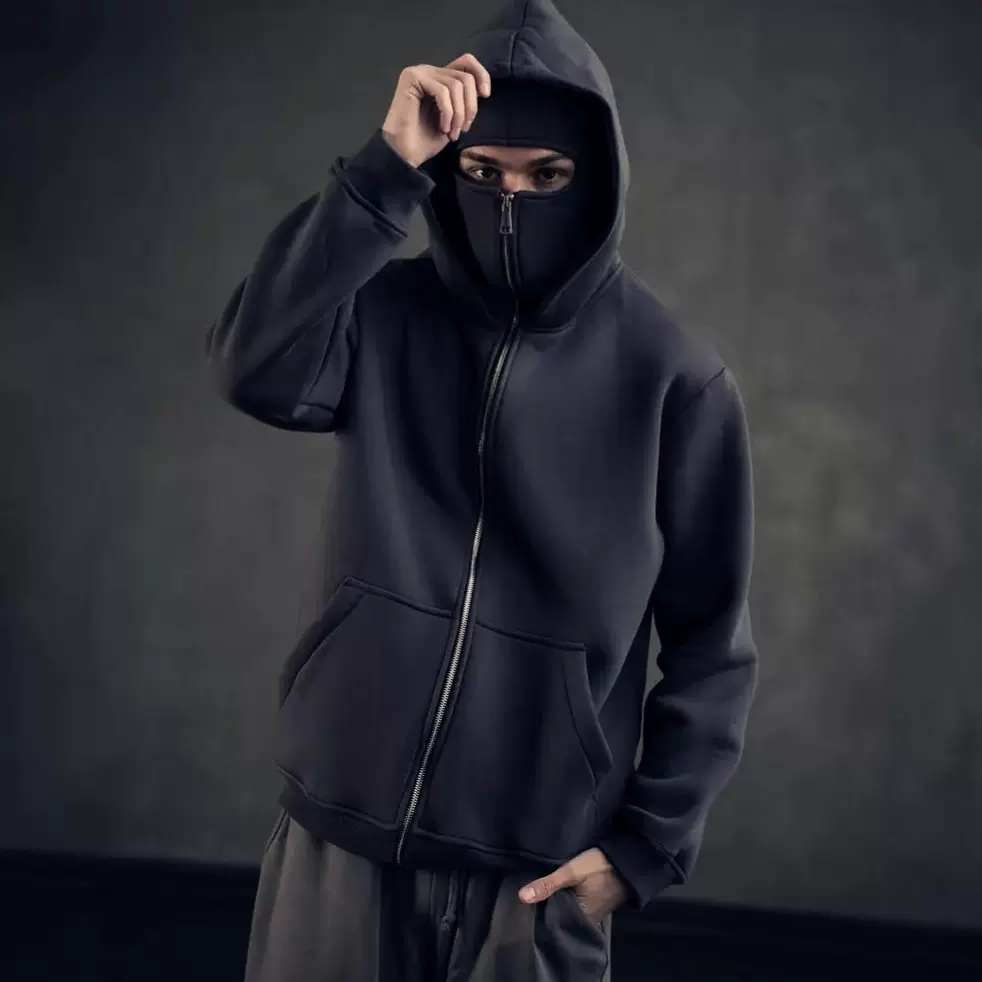 亚马逊外贸蒙面双帽拉链连帽卫衣男装抓绒款酷炫造型宽松拉链卫衣