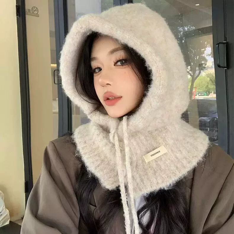 冬季新款时尚百搭帽子围巾一体女秋季保暖护耳连帽围脖针织毛线帽