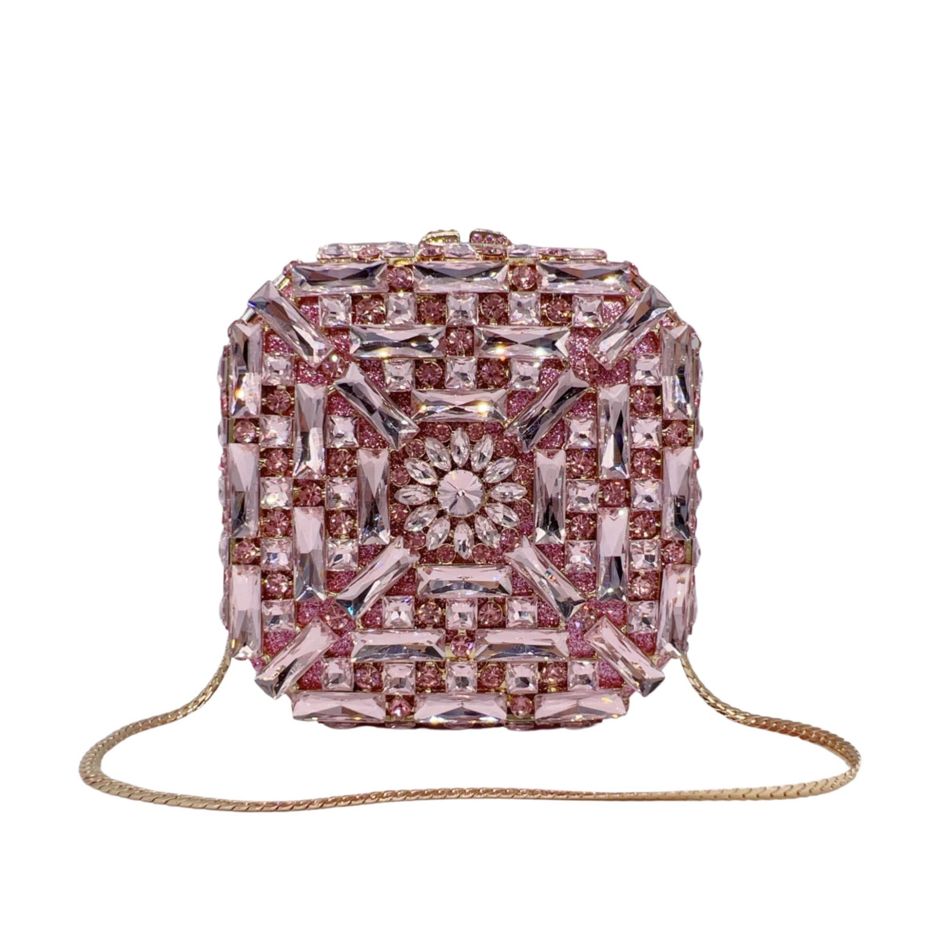 Túi clutch dạ tiệc hộp vuông nhỏ đính đá lấp lánh — Hoa violet, Màu hồng, Màu bạc, Màu xanh ngọc chi tiết 8
