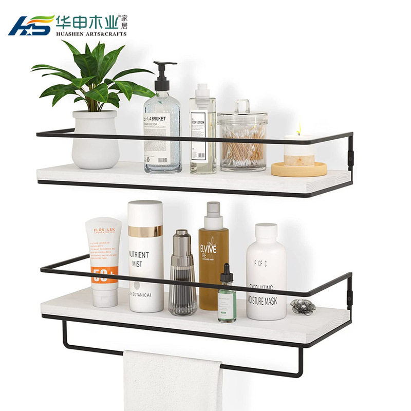 2-piece Wall Floating Shelf Gold Black Metal Frame and Towel Rack Wooden Storage Rack Decorative Wall Hanging