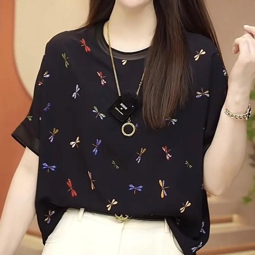 Silk Chiffon Short-Sleeve T-Shirt for Women - Summer Dress, Lightweight Luxury Style, Outerwear Blouse, Mother's Bodysuit, Mulberry Silk Top