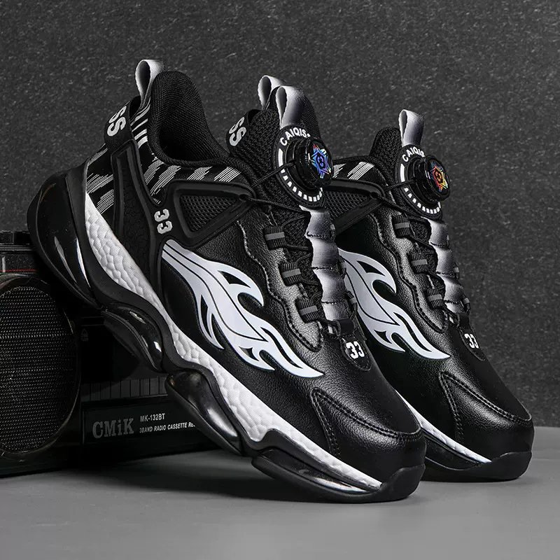 新款户外革面运动鞋轻便减震跑步鞋网面爆米花篮球鞋旋转扣情侣款