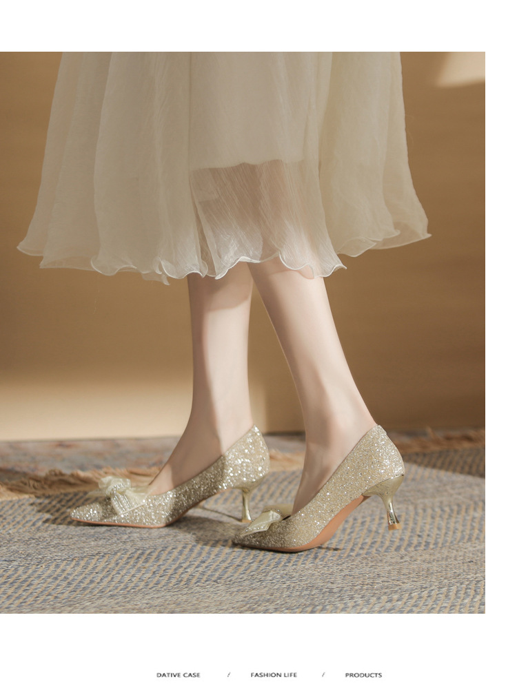 Giày cao gót mũi nhọn miệng nông đính sequin kiểu Pháp — Màu Sâm panh chi tiết 9